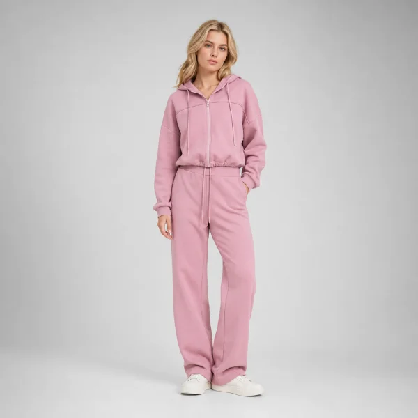 Dusty pink zip-up hoodie and wide-leg pants women's lounge set for OEM orders