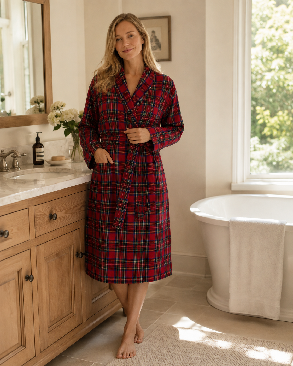 Red tartan flannel robe detail showing plaid fabric, shawl collar, matching waist tie and practical front patch pocket