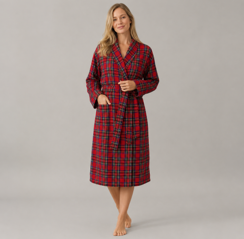 Red Tartan Flannel Bathrobe | Private Label Women's Robe Manufacturer