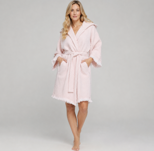 Hooded Waffle Bathrobe with Fringe Trim | Private Label Supplier