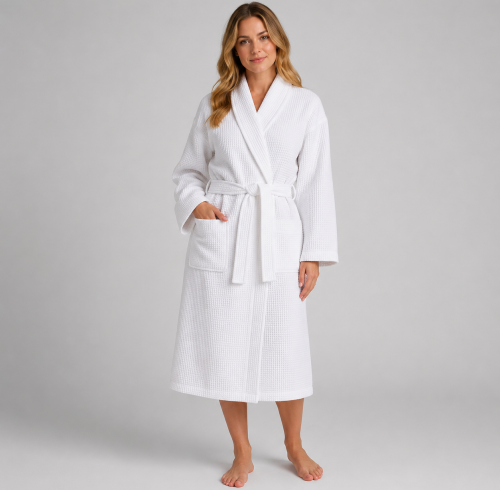 White Waffle Bathrobe with Shawl Collar | Hotel Robe Manufacturer