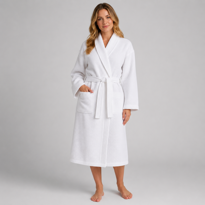 White Waffle Bathrobe with Shawl Collar | Hotel Robe Manufacturer