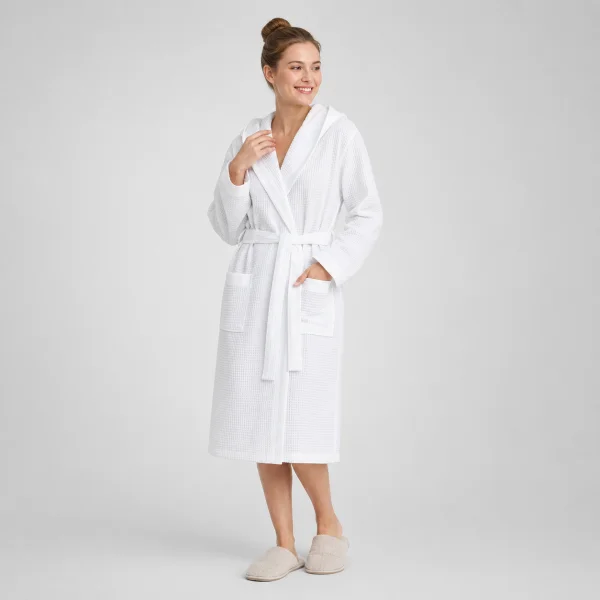 White waffle weave women's bathrobe with patch pockets for hotel and spa programmes