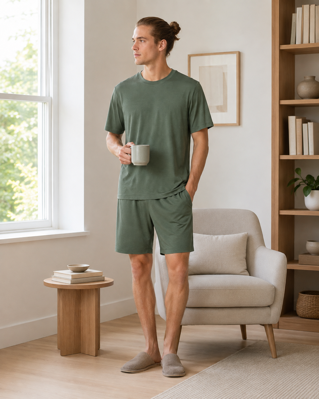 Men's knit lounge set detail showing soft jersey T-shirt, relaxed shorts and side pocket