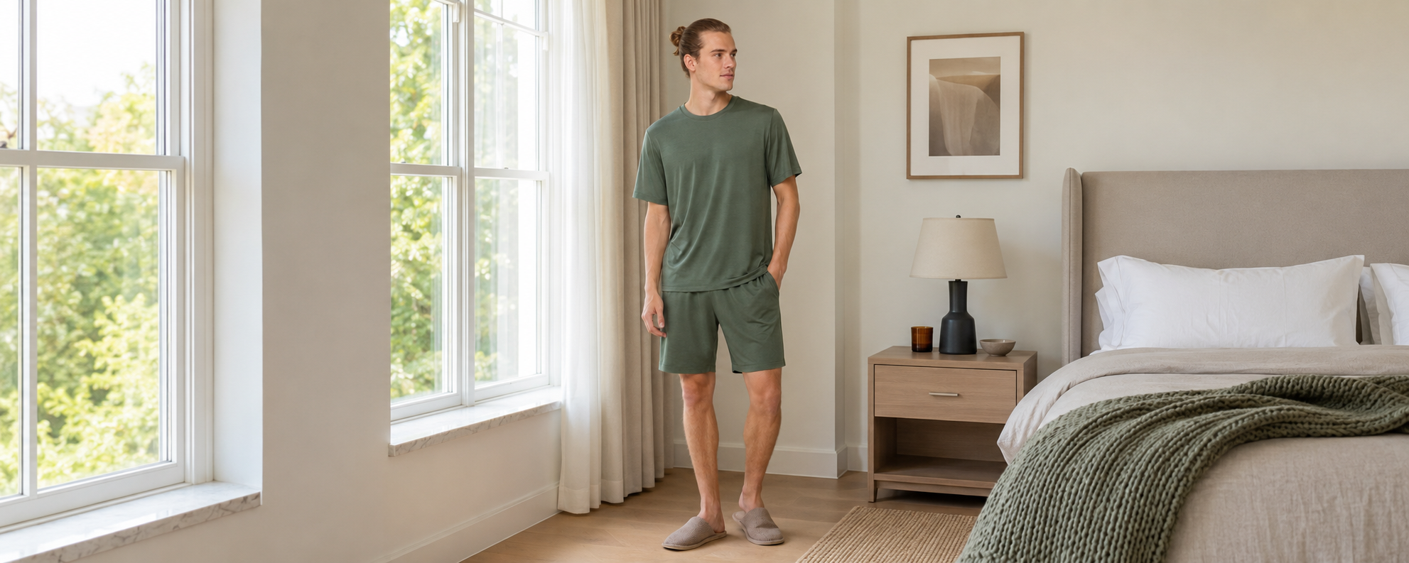 Men's sage green T-shirt and shorts lounge set for private label sleepwear collections