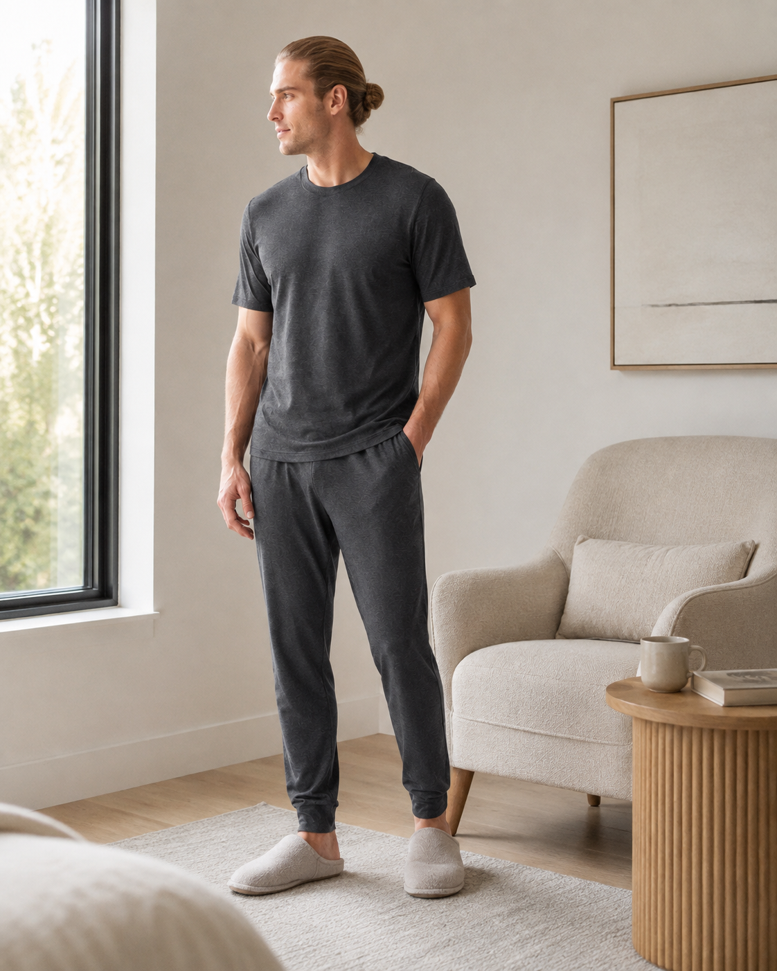 Men's modal loungewear detail showing soft knit T-shirt, tapered jogger pants and comfortable relaxed fit