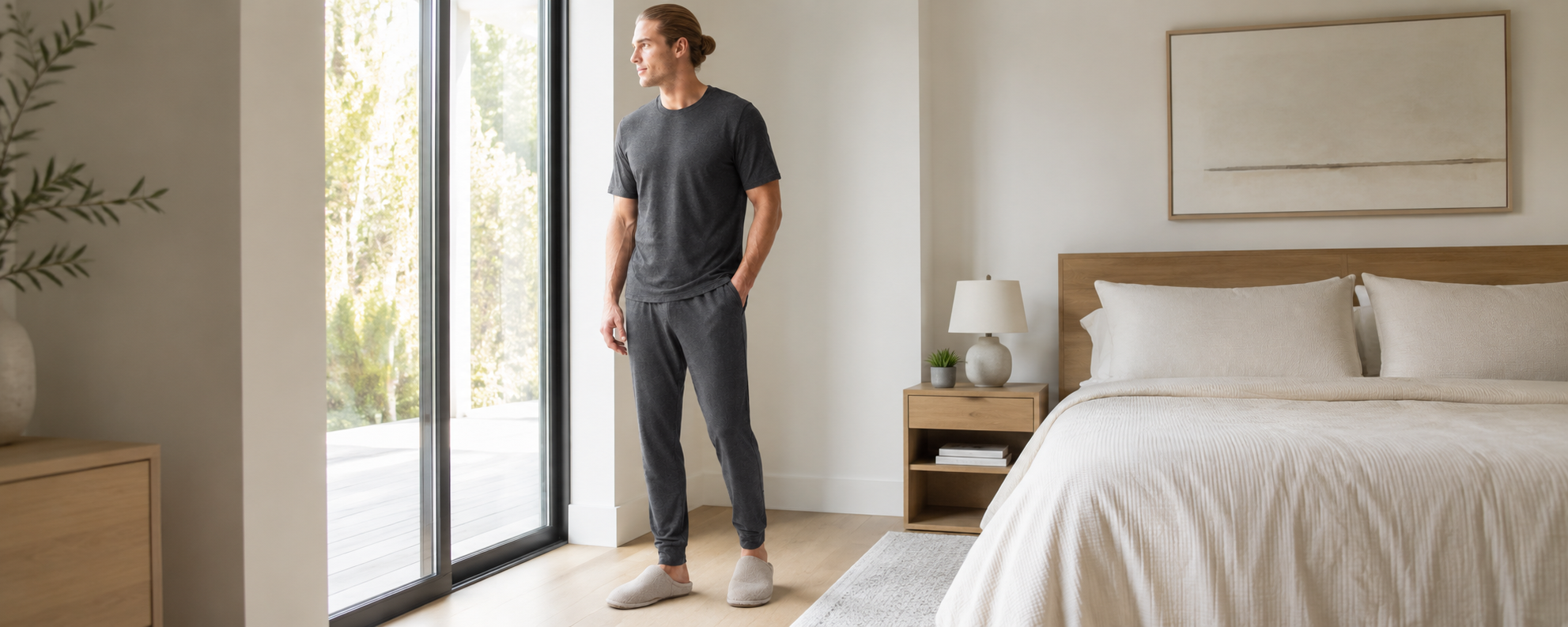 Men's charcoal modal pajama set with crew neck T-shirt and jogger pants for private label sleepwear