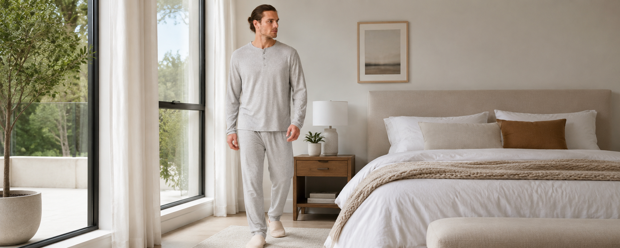Men's light gray cotton Henley pajama set with long sleeves and relaxed pants for private label sleepwear