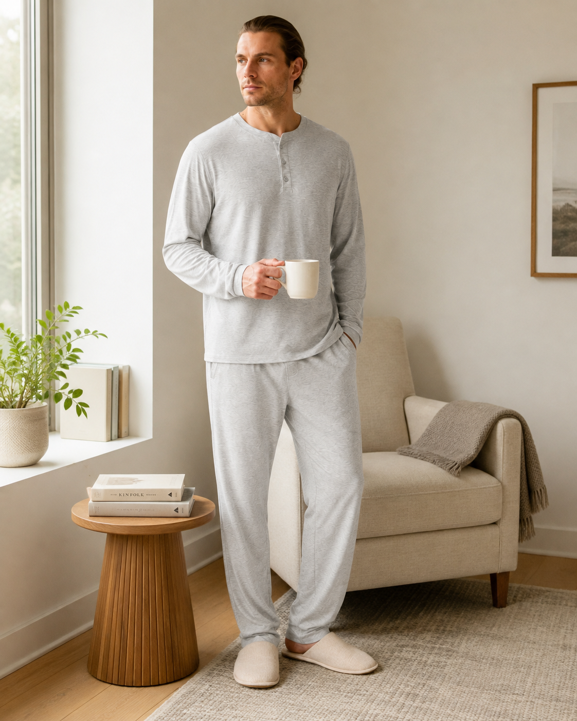 Men's cotton pajama set detail showing three-button Henley neckline and soft knit fabric texture