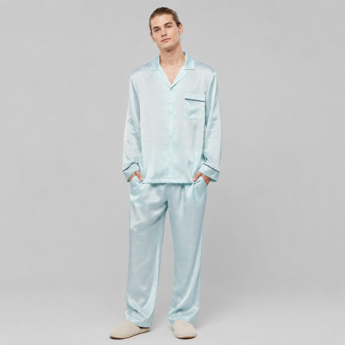 Wave Print Men's Satin Pajama Set | Sleepwear Manufacturer
