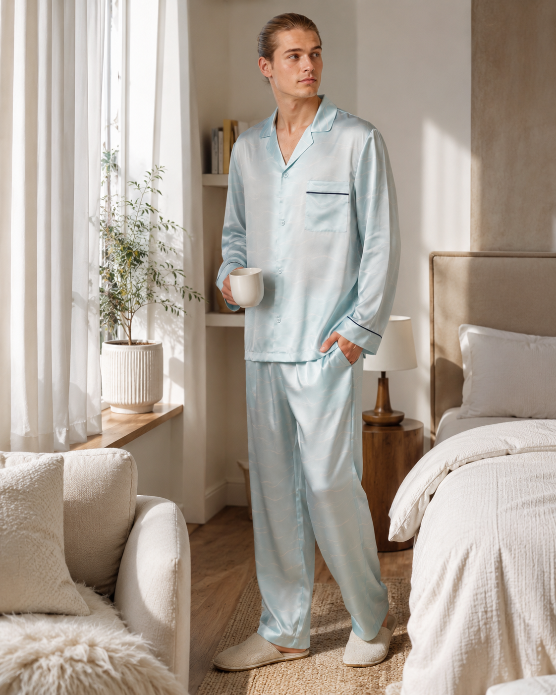 Men's satin pajamas detail showing smooth woven fabric, subtle wave print, notch collar and contrast piping