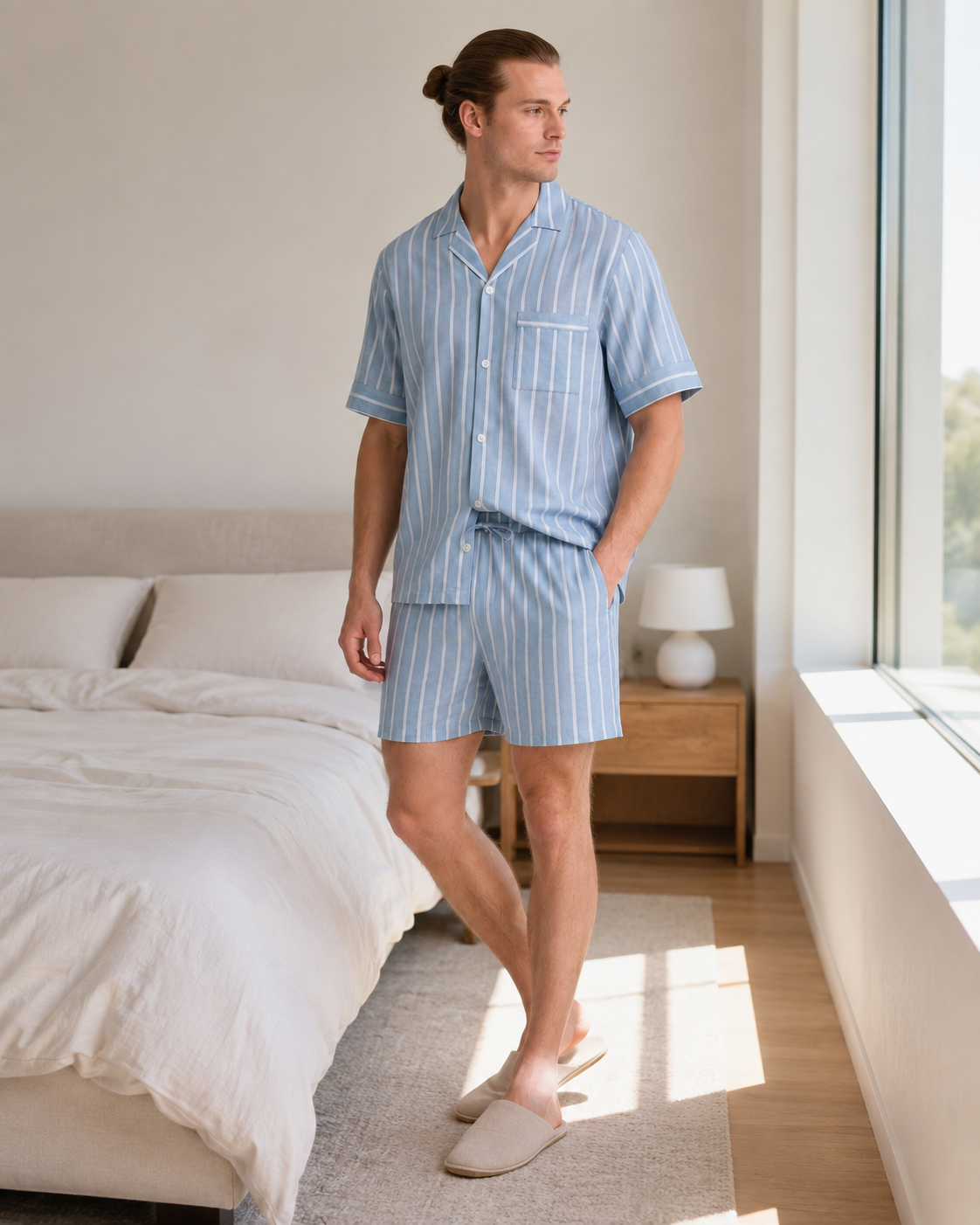 Men's cotton pajama shirt detail showing blue stripes, camp collar, chest pocket and clean woven construction