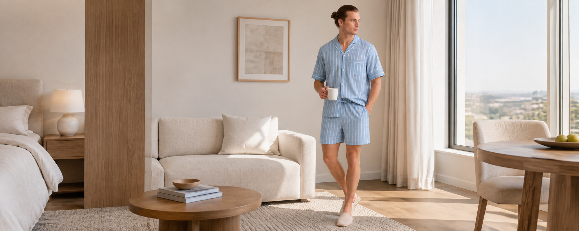 Men's light blue striped cotton pajama set with short sleeve shirt and shorts for private label sleepwear