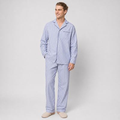 Blue Stripe Woven Cotton Pajama Set for Men | OEM Sleepwear