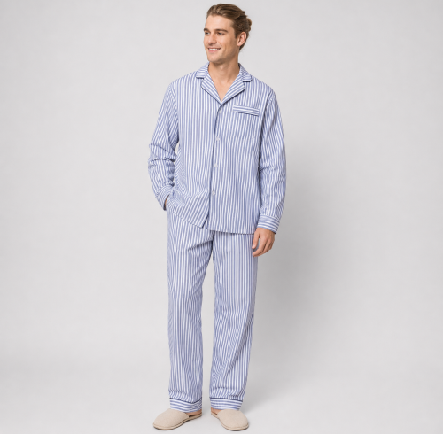 Blue Stripe Woven Cotton Pajama Set for Men | OEM Sleepwear