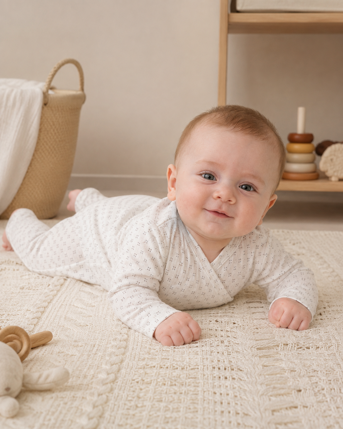 Organic cotton infant romper detail showing crossover front, side snap fastening and soft printed knit fabric