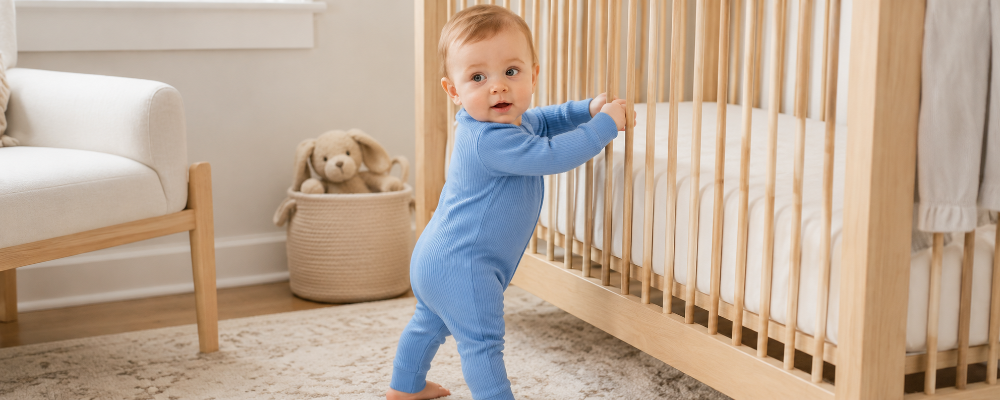 100% cotton ribbed baby romper in light blue with long sleeves, zip closure and footless design for infant sleepwear