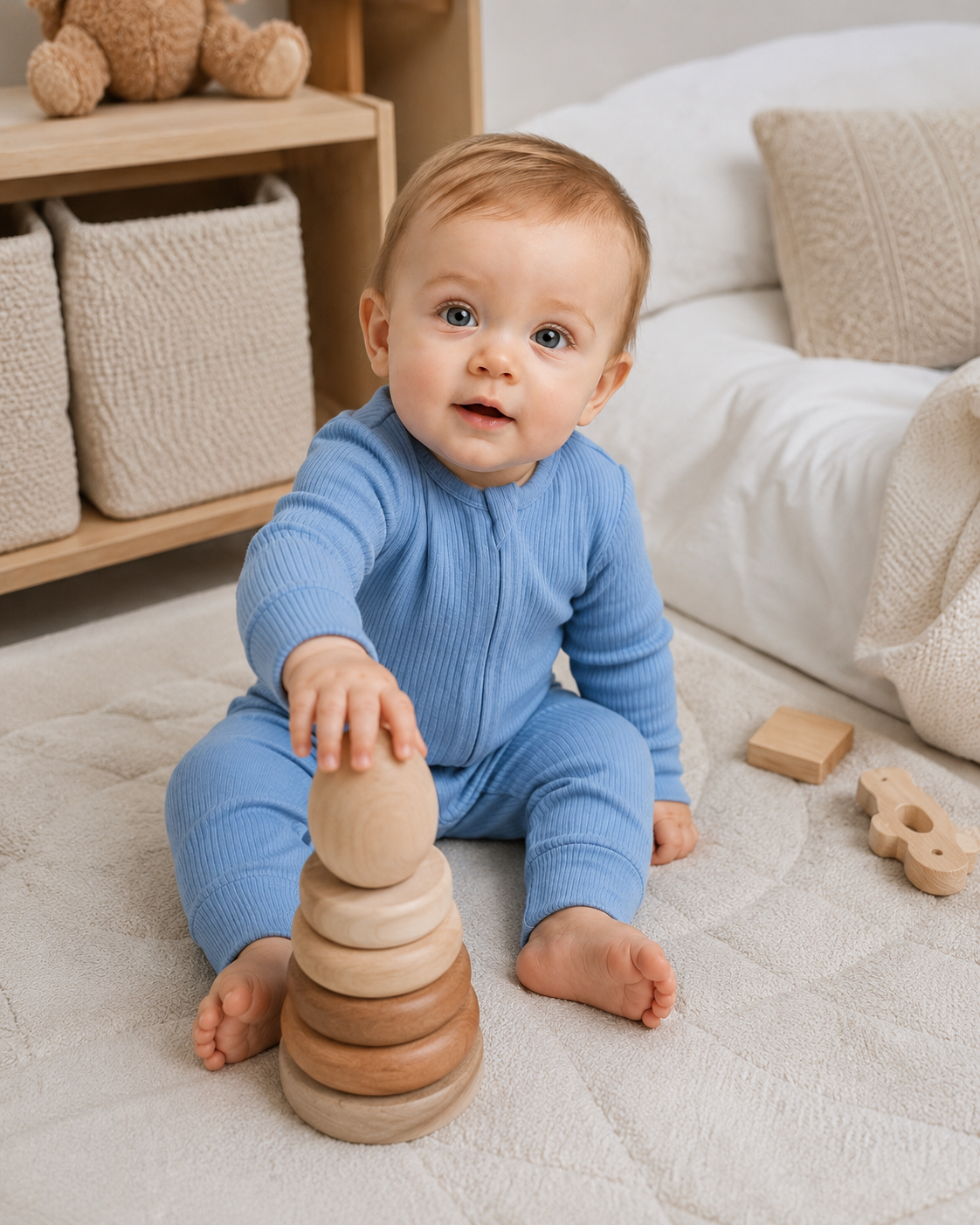Ribbed cotton baby romper detail showing soft knit texture, neckline construction, zipper and fitted cuffs