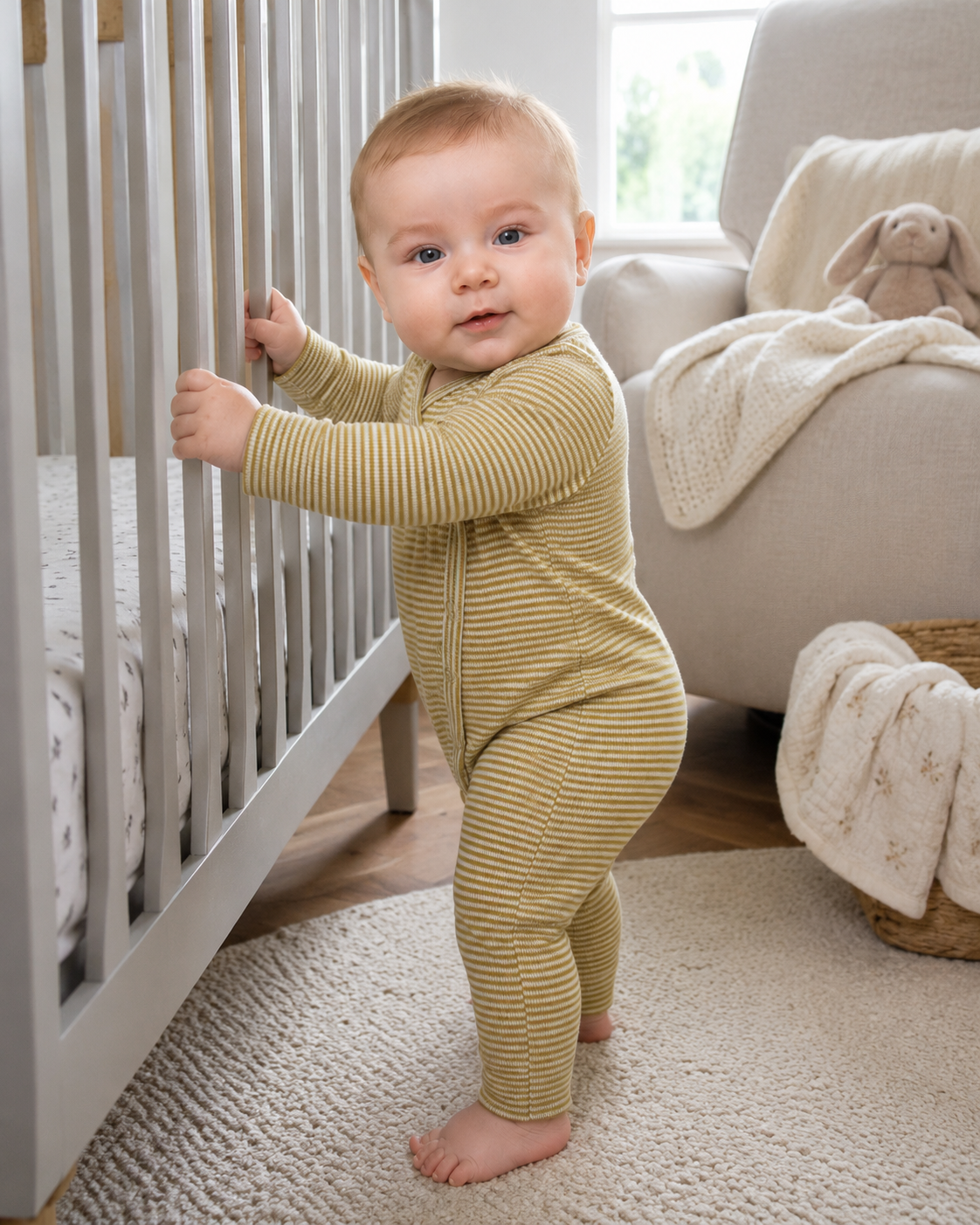 Cotton baby romper detail showing fine stripe knit texture, diagonal wrap front and practical snap closure