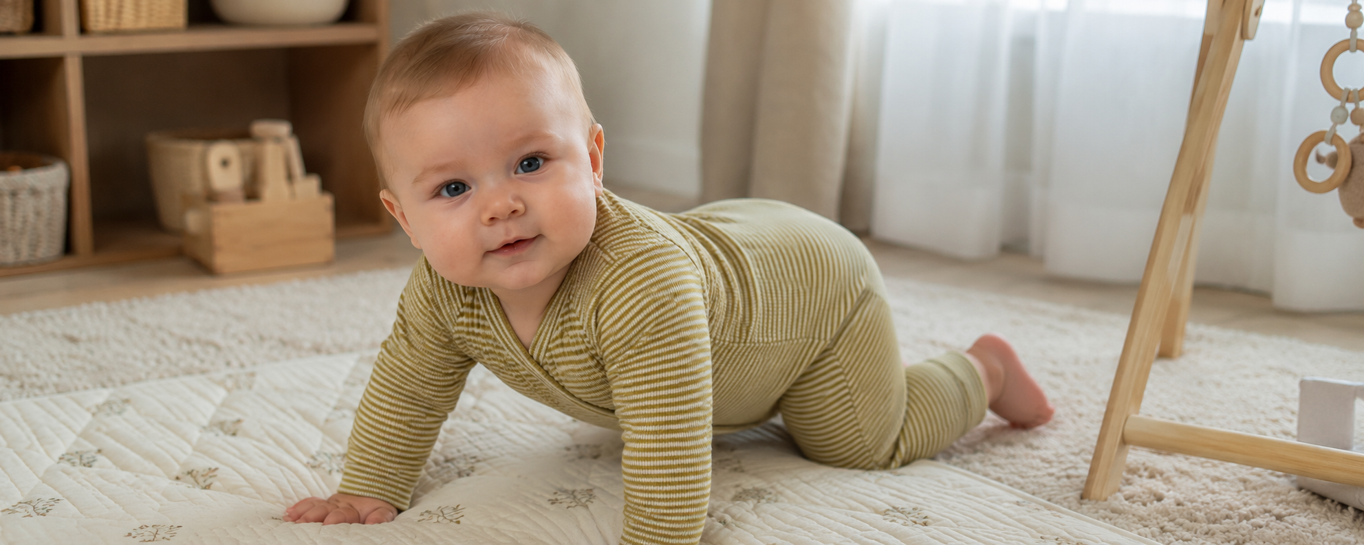 Striped 100% cotton baby romper with wrap-front snap closure, long sleeves and footless design for infant sleepwear