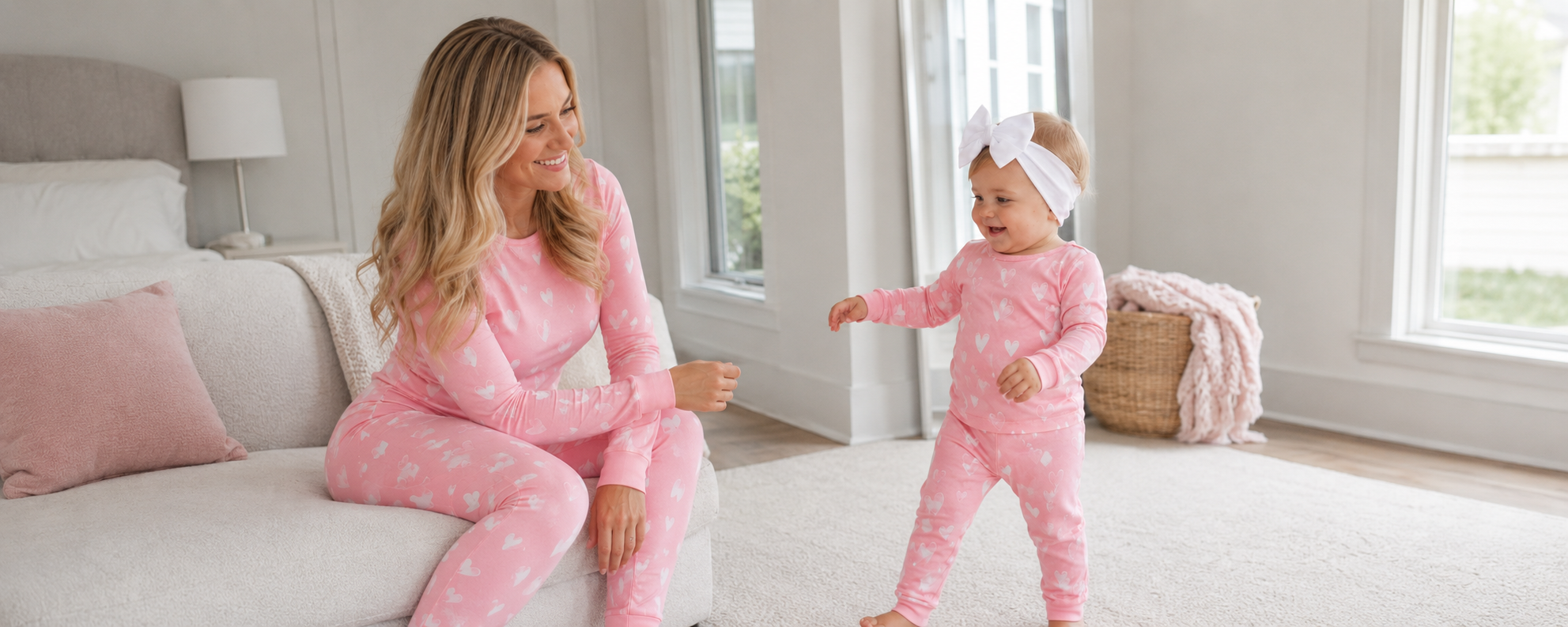 Pink bamboo mother and baby matching pajama sets with white heart print for private label family sleepwear
