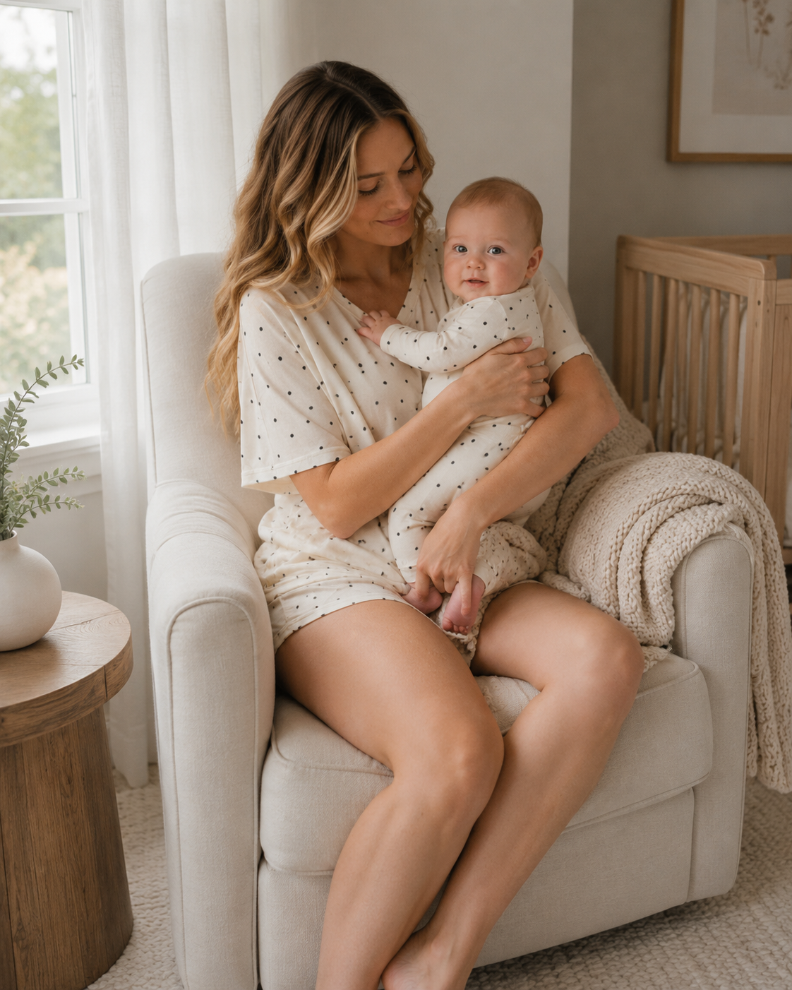 Soft modal family matching sleepwear showing black polka dot print and lightweight knit fabric