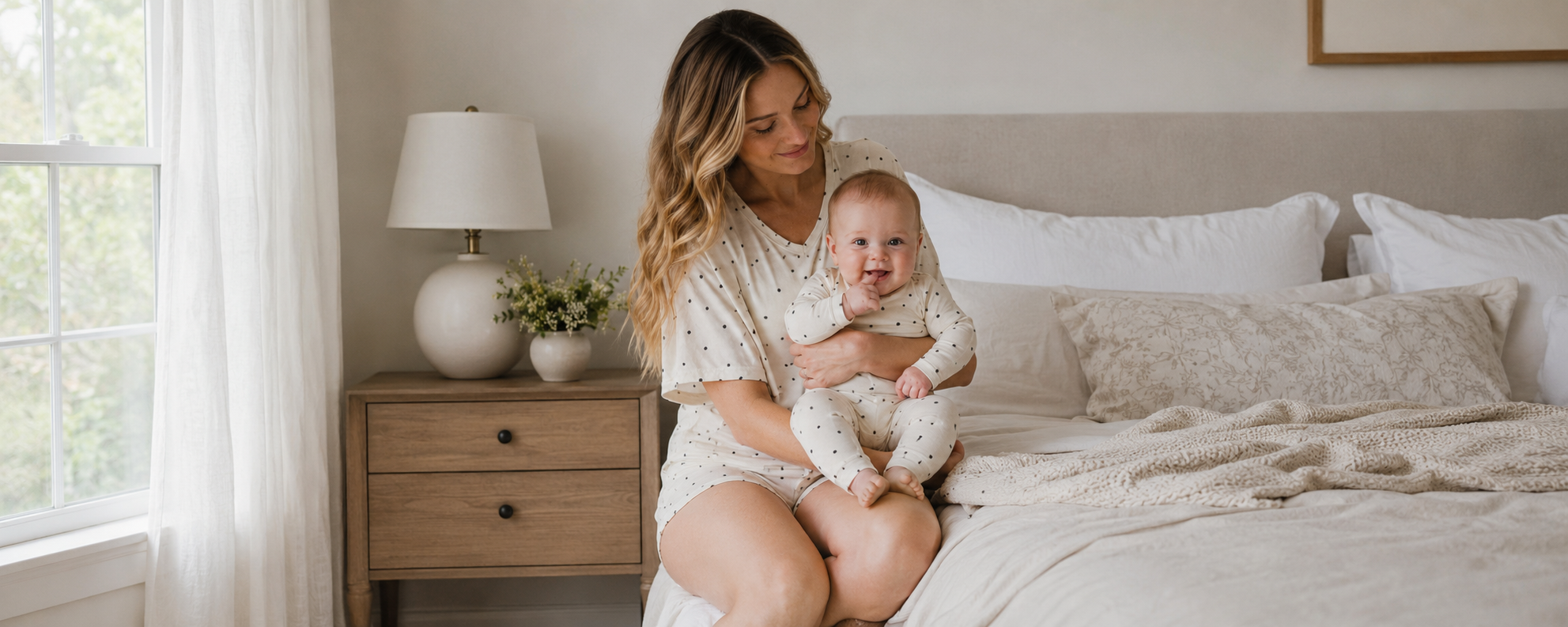 Modal mom and baby matching pajamas with ivory base and black polka dot design