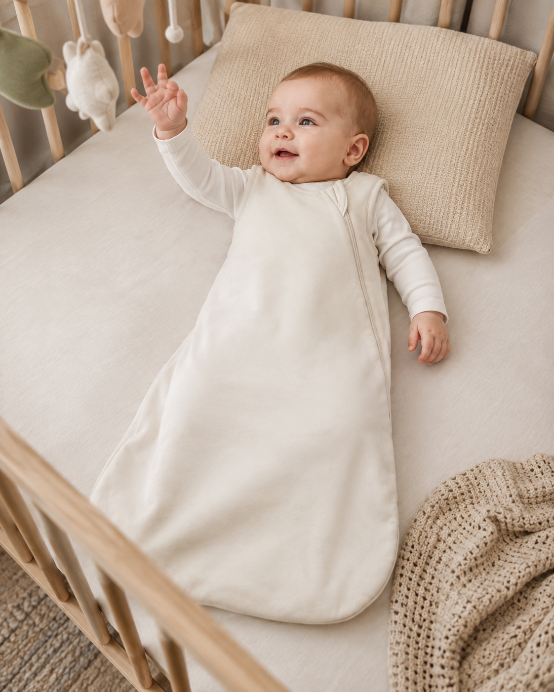 Cotton baby sleeping bag detail showing side zipper construction and quilted inner lining