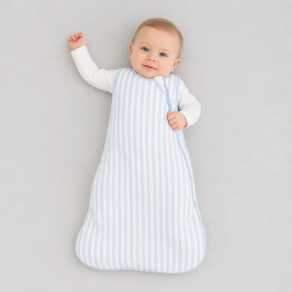 Light blue and white striped bamboo baby sleep sack worn by an infant