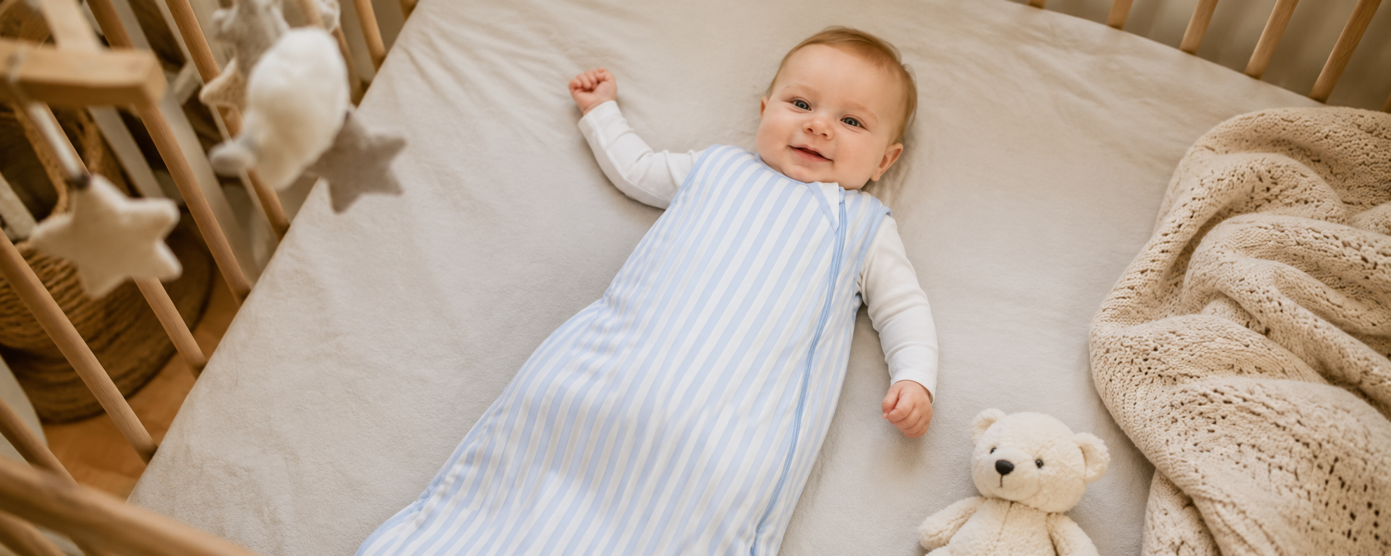 Blue striped bamboo baby sleep sack with side zipper for private label infant sleepwear collections