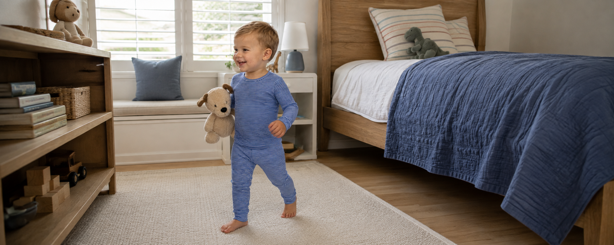 Blue stripe baby and toddler two piece pajama set for private label kids sleepwear collections