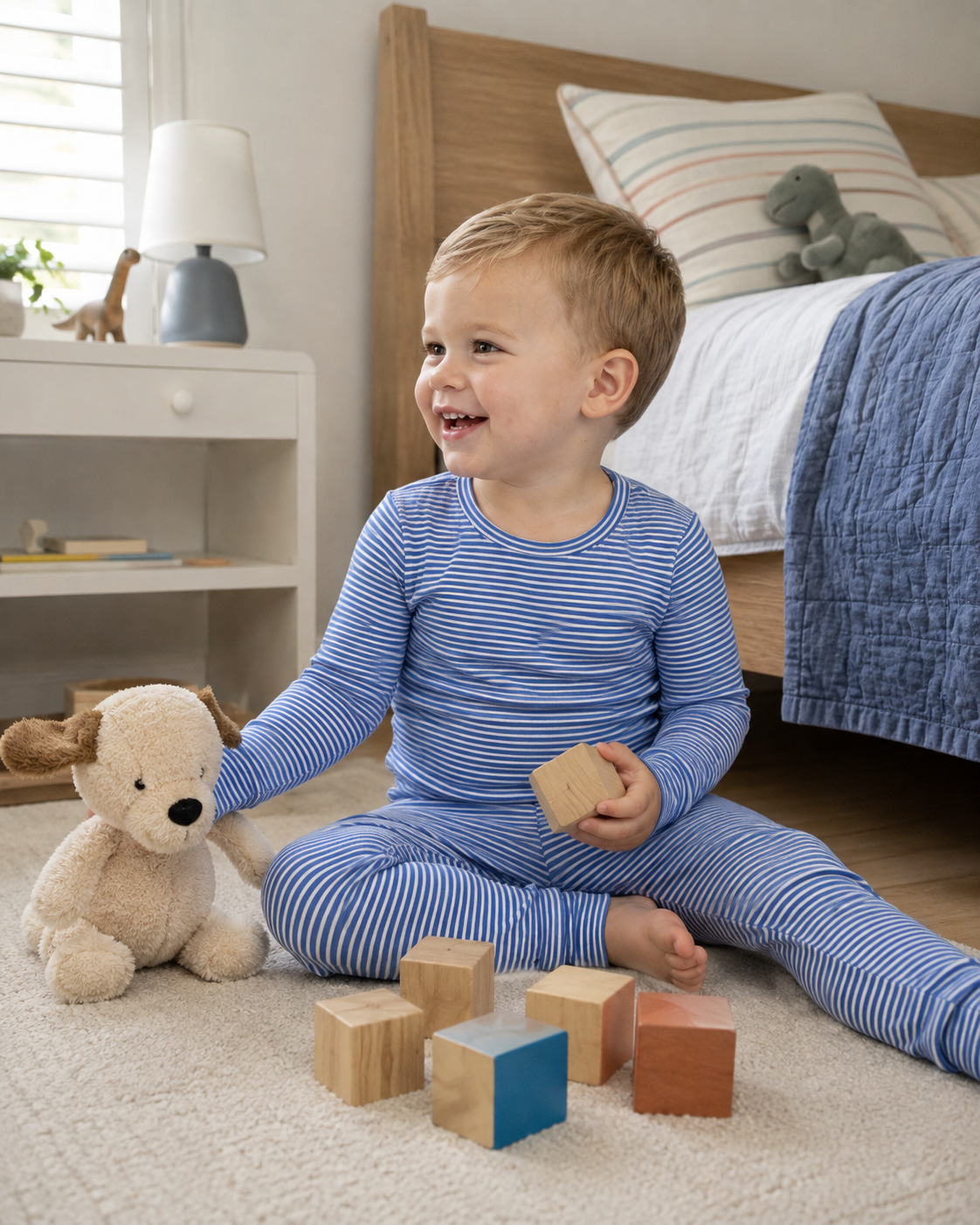Detail view of baby toddler striped pajama set showing soft knit fabric and comfortable fit