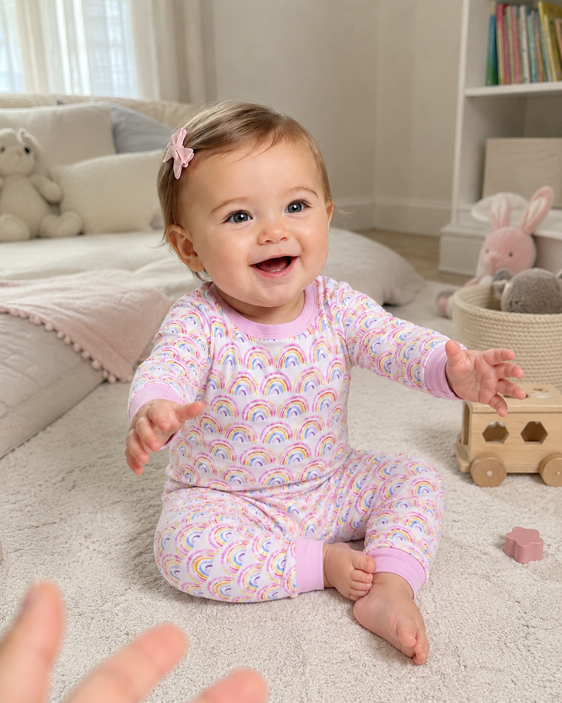 Bamboo kids pajama fabric detail showing rainbow print and pink ribbed trim