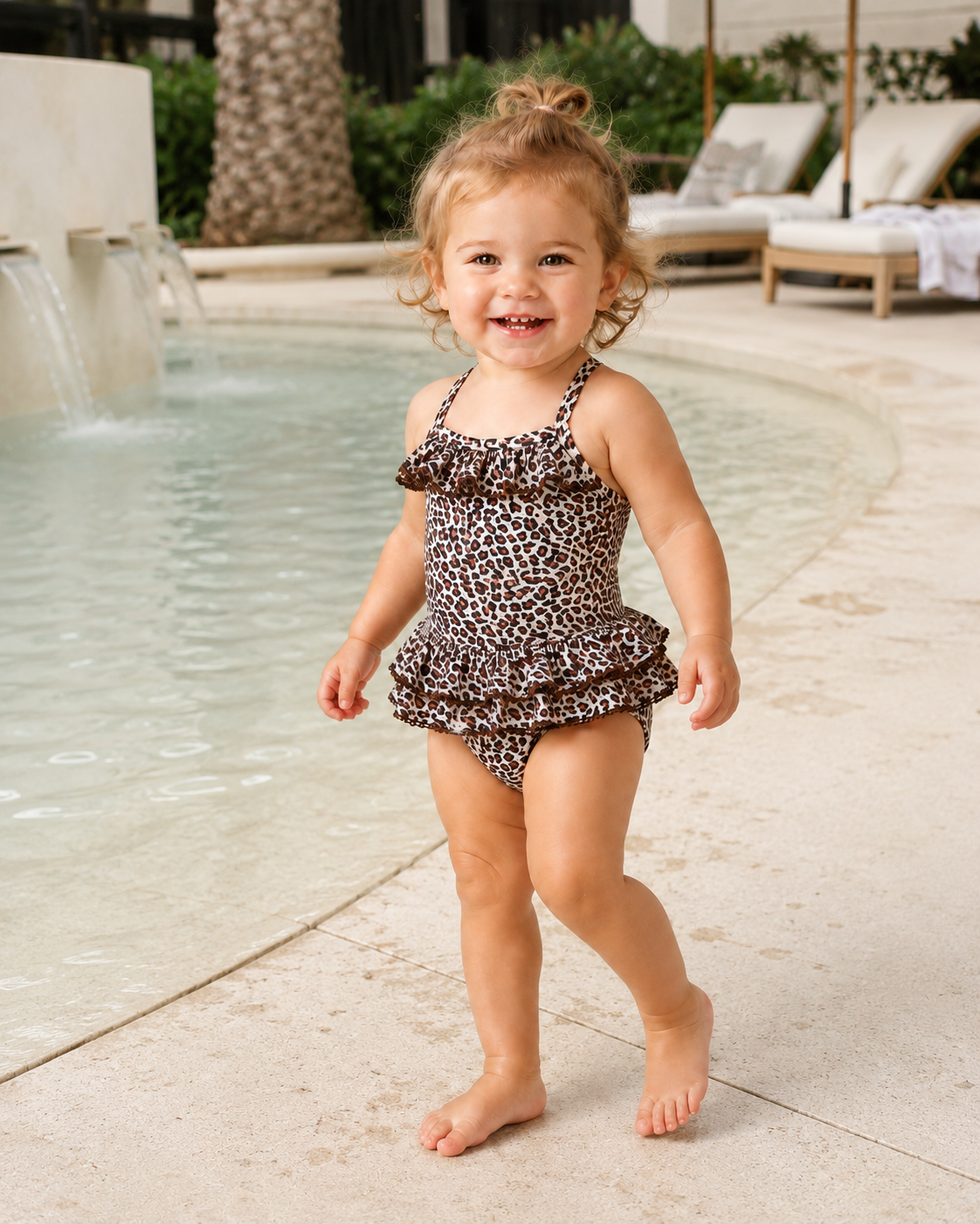 Leopard baby swimsuit detail featuring layered ruffle waist and allover animal print