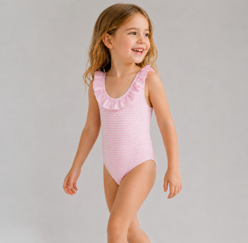 Custom Pink Ruffle Baby Swimsuit | Polyester Blend Kids Swimwear Supplier