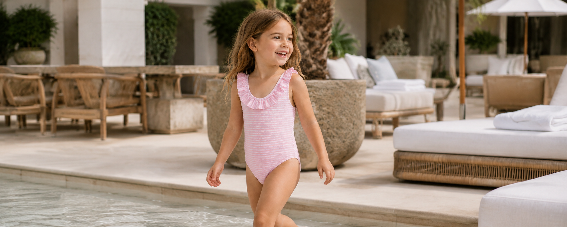 Pink and white textured stripe baby girl swimsuit with ruffled neckline