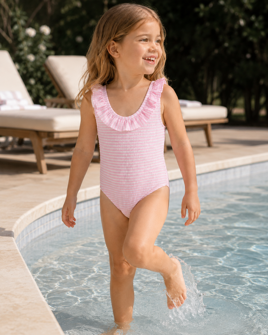 Polyester blend baby swimsuit detail showing pink textured stripes and ruffled back straps