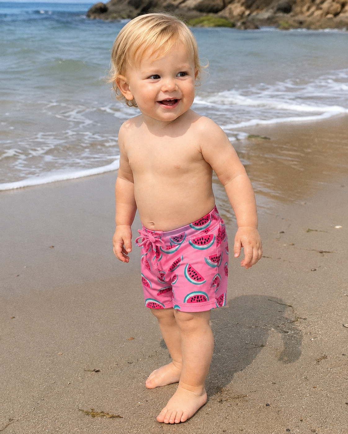 Polyester blend baby swim trunks detail showing drawstring waistband and watermelon print