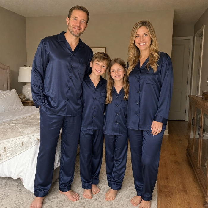 Custom Navy Satin Matching Family Pajama Sets | Private Label Sleepwear