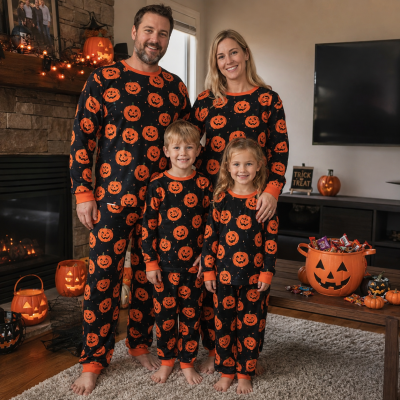 Custom Pumpkin Print Cotton Halloween Family Pajama Sets | Private Label