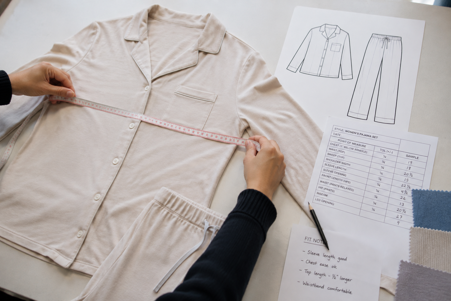Pajama measurement and tech pack review on a clean worktable