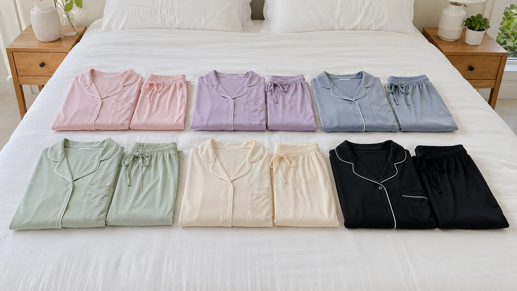 Completed private label modal pajama collection ready for launch on hangers and folded on a clean table