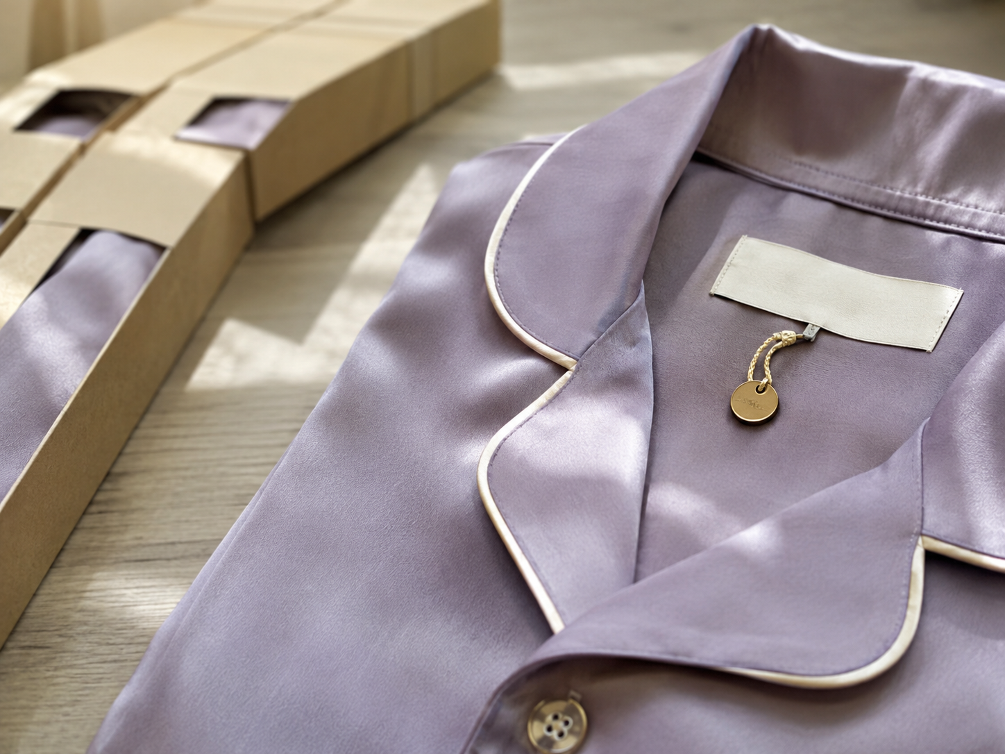 Private label details for modal pajama collection including woven labels, care labels, hangtags, and packaging
