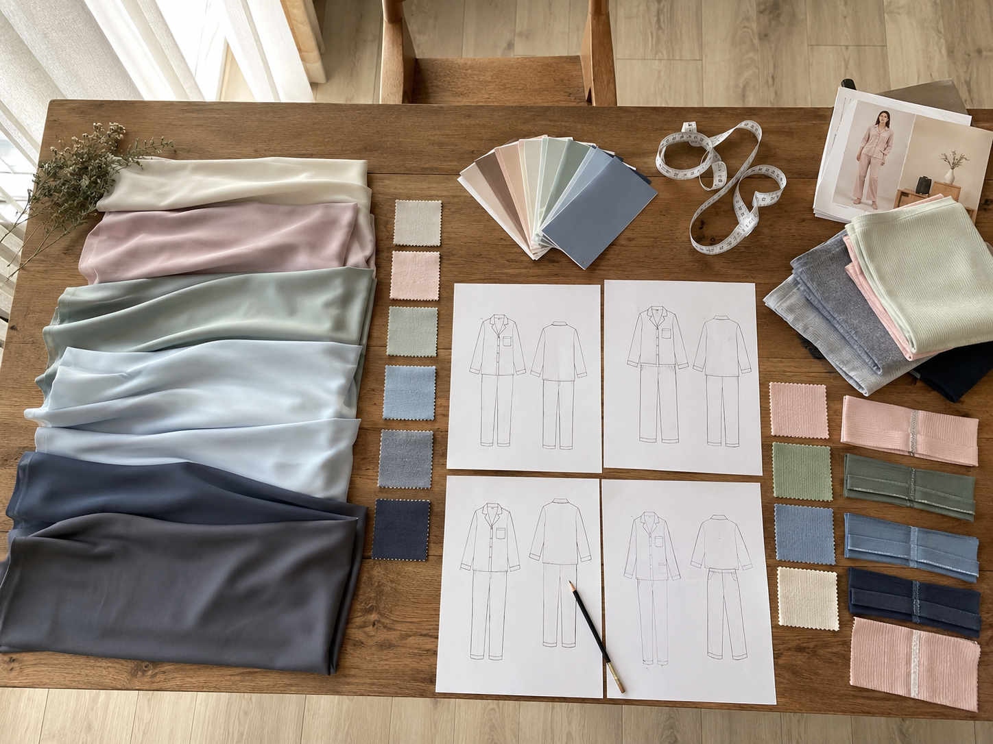 Modal fabric swatches and product development materials on a worktable in natural light