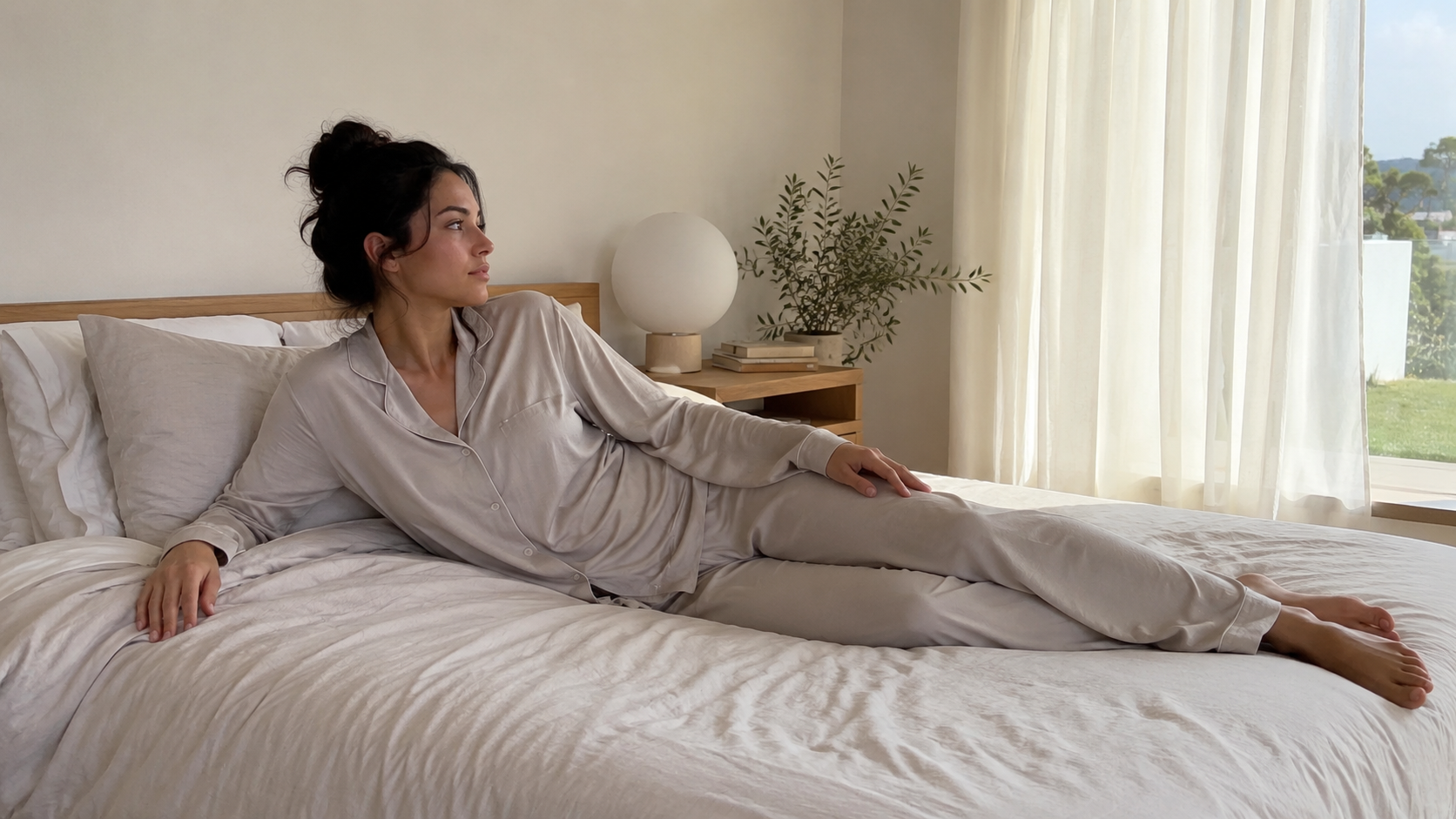 New sleepwear brand first modal pajama collection displayed in a bright studio setting with fabric swatches and development materials
