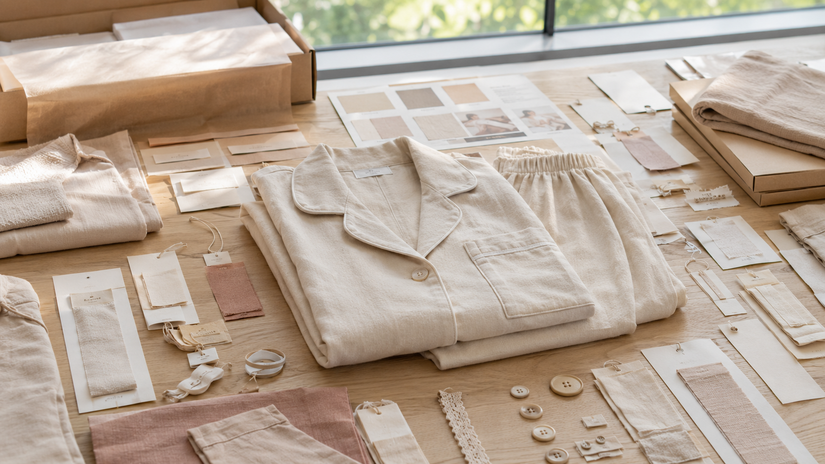 Private label cotton pajama brand details with labels and packaging