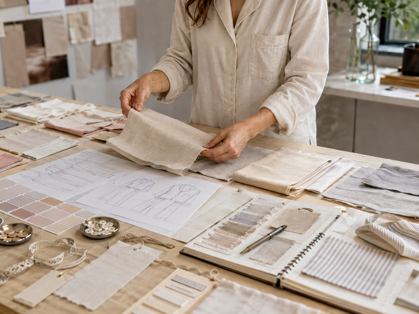 Cotton pajama brand concept and product planning on a bright worktable