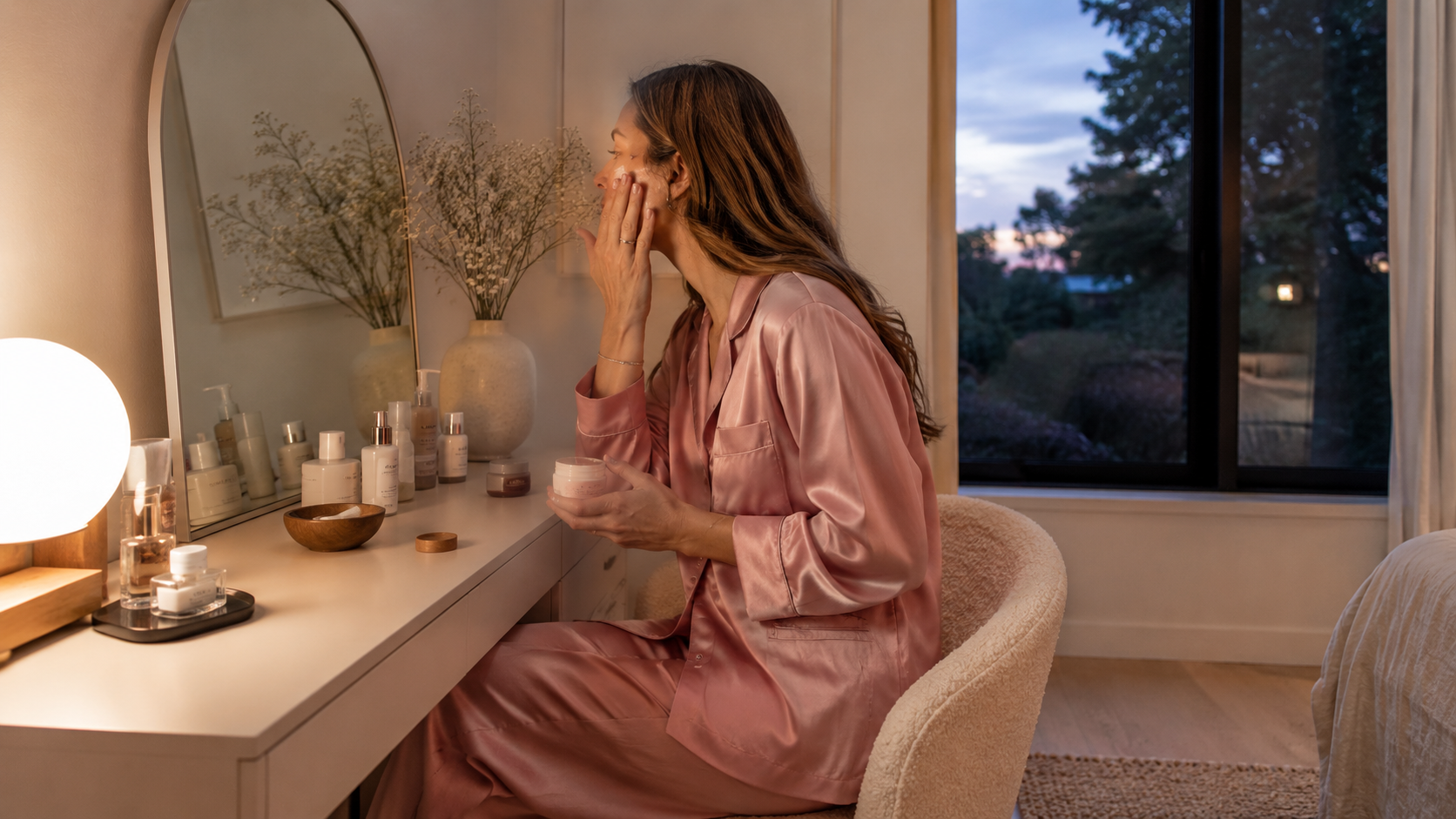 Beauty and satin sleepwear brand experience during an evening self-care routine