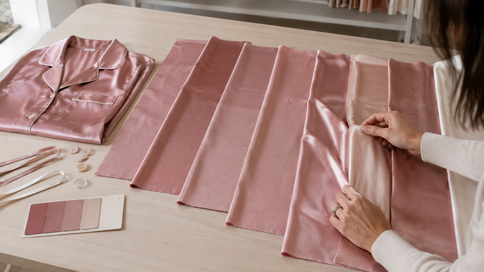 Satin fabric selection for beauty brand pajama collection