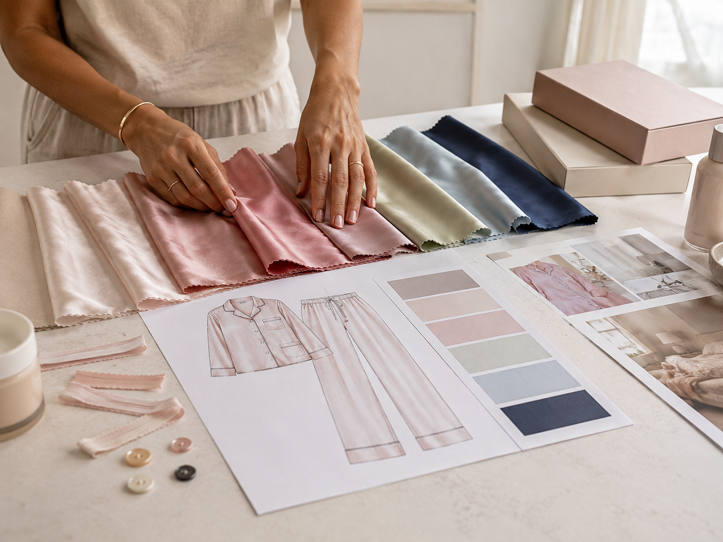 Beauty brand sleepwear product direction with satin swatches and color palette